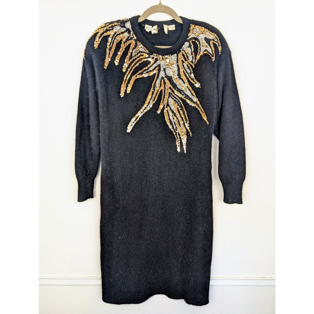Oleg Cassini Dress Vintage 80s 90s Lambswool Sequins Angora Black Size S FLAWED